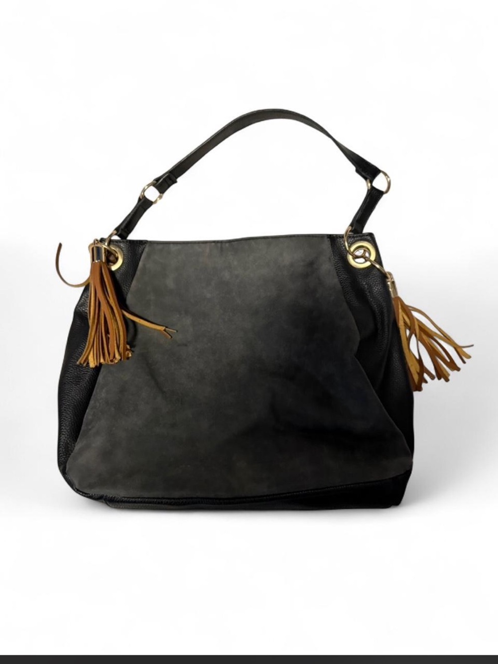 Primark black faux leather handbag featuring contrasting brown tassel accents